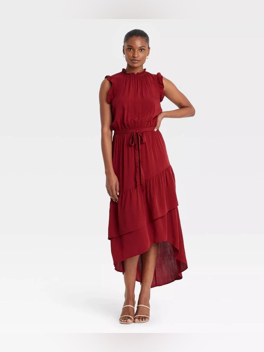 Who What Wear Women's Sleeveless Ruffled High-Low Dress - Burgundy Sz S